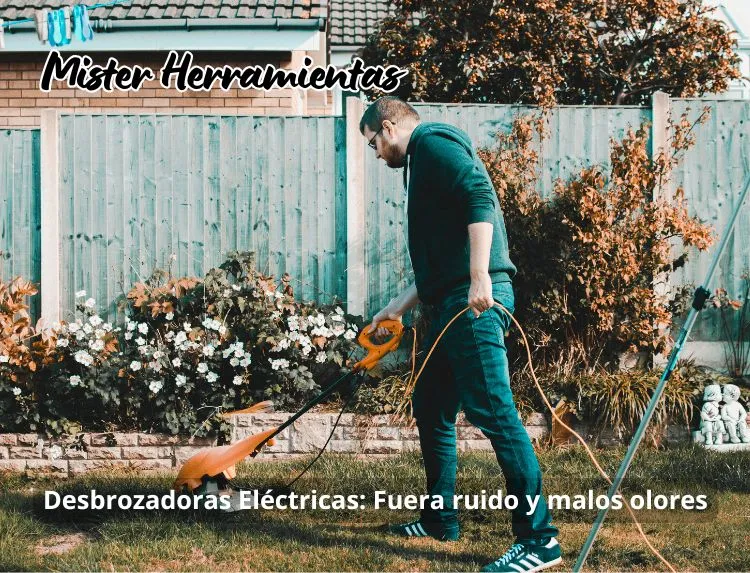 Hombre joven usando desbrozadora eléctrica para cortar césped junto a un muro