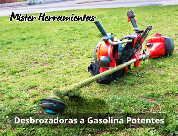 Desbrozadora de gasolina profesional sobre hierba recién cortada