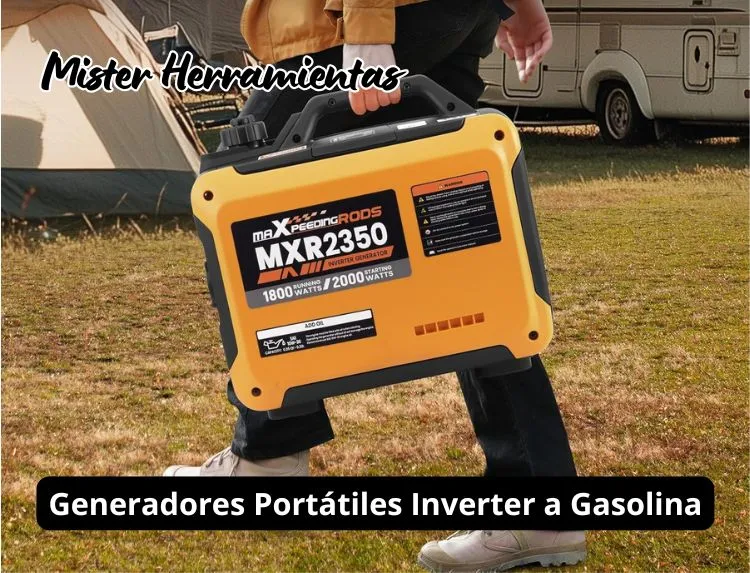 persona transportando generador inverter a gasolina en un camping de caravanas