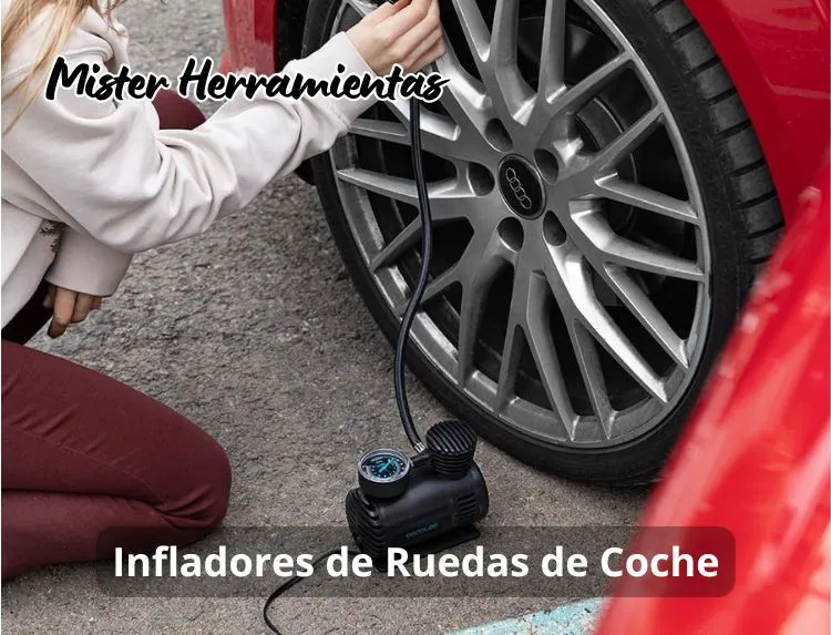Mujer utilizando inflador compacto para ruedas de coche