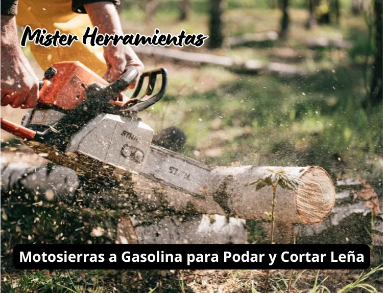 Motosierra a gasolina cortando leña de un tronco