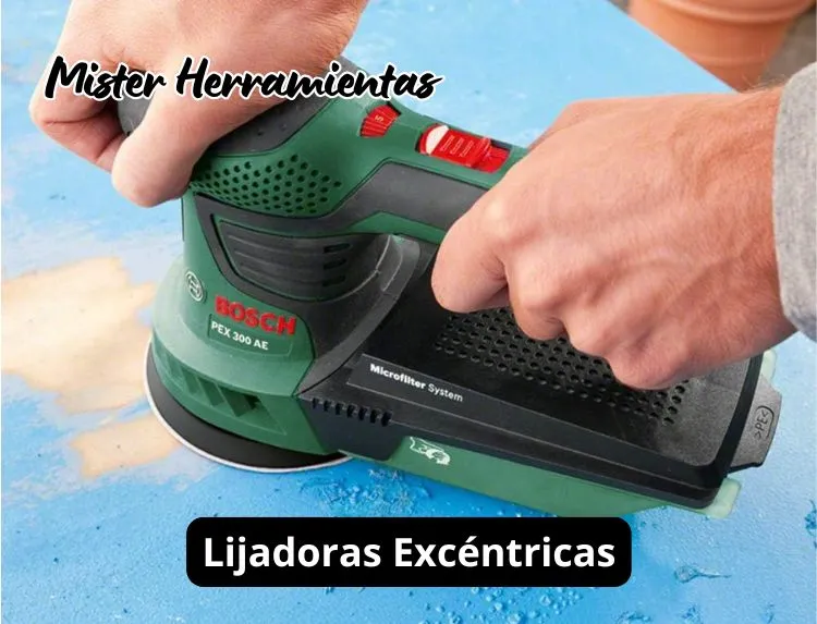Lijadora excéntrica en uso sobre superficie de madera mostrando forma de uso y sistema de aspiración de polvo