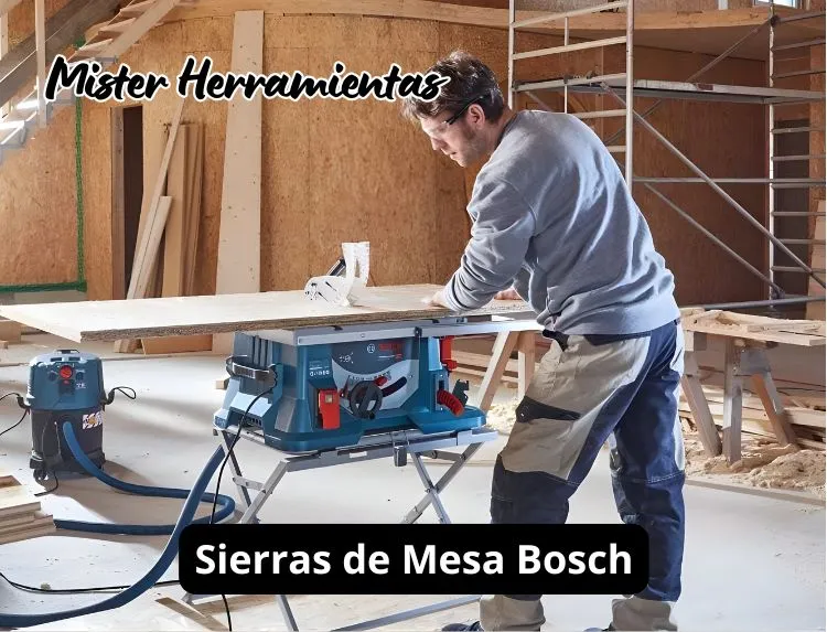 Sierra de mesa Bosch Professional cortando tablero de madera en obra de carpintería con sistema de aspiración