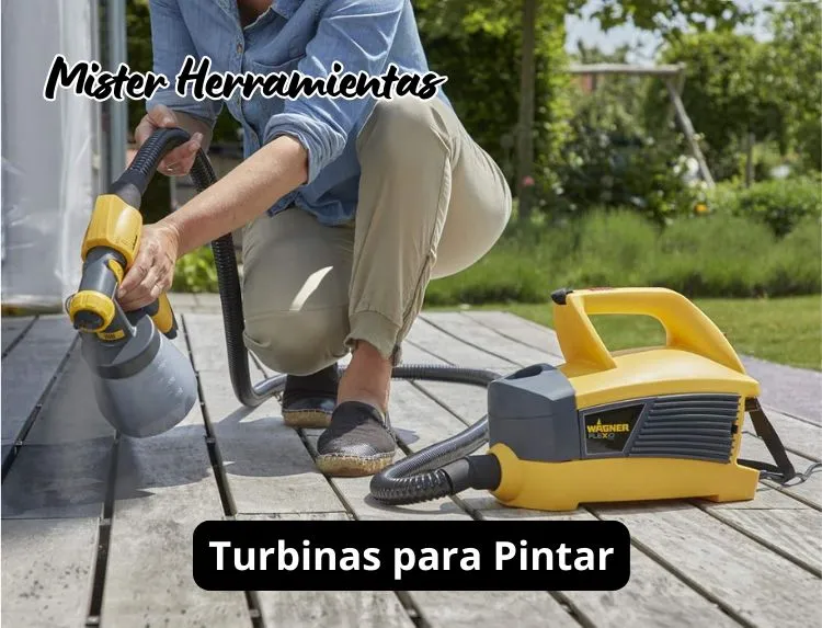 Comparativa de turbinas para pintar HVLP profesionales y bricolaje, mostrando diferentes modelos con depósitos y pistolas pulverizadoras sobre mesa de trabajo