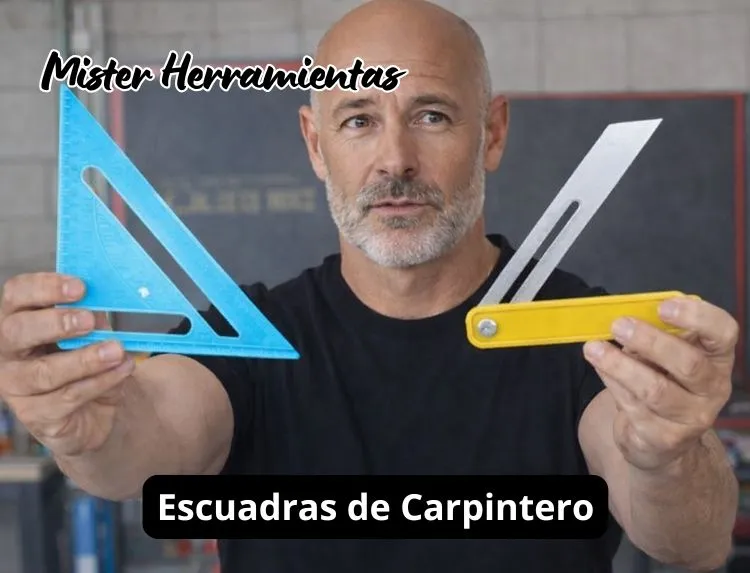 Carpintero mostrando una escuadra rápida y una falsa escuadra como ejemplos de escuadras de carpintero