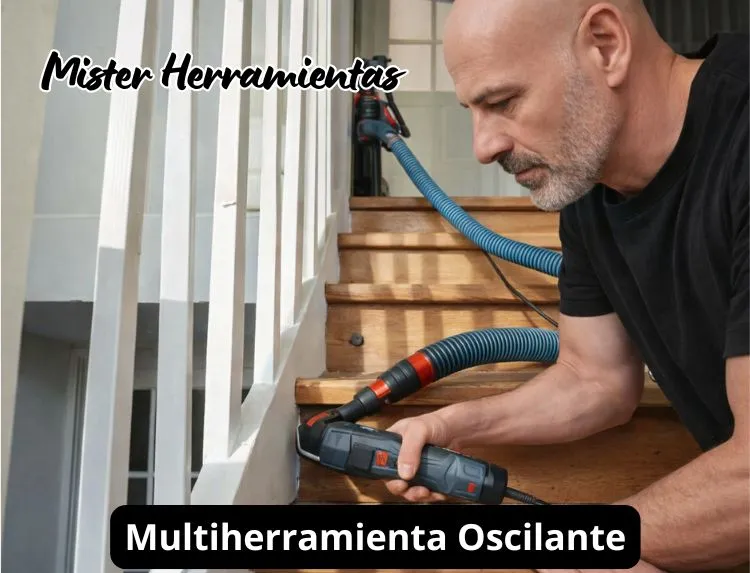 Mister Herramientas utilizando una multiherramienta oscilante con cabezal de lijadora delta para lijar un escalón de madera
