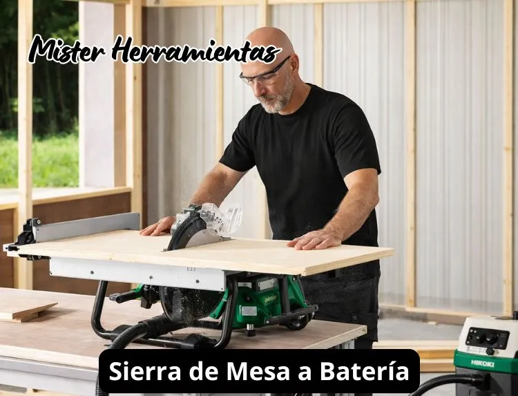 Comparativa de sierras de mesa a batería cortando tableros de madera en entorno de trabajo profesional