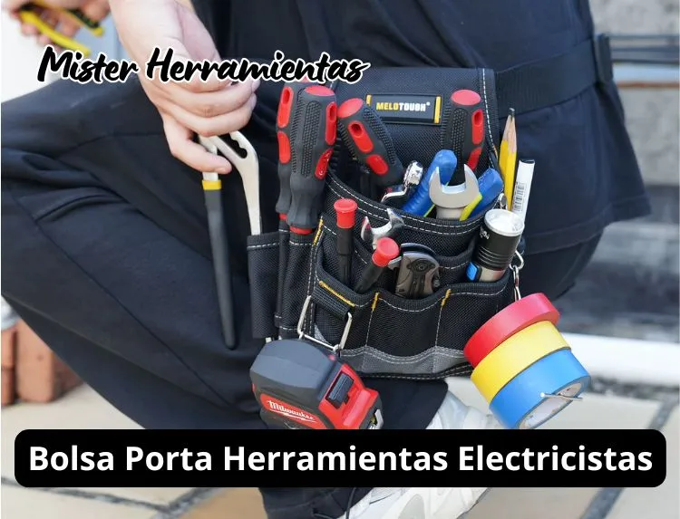 Electricista agachado trabajando con bolsa porta herramientas para electricistas MELOTOUGH sujeta al cinturón