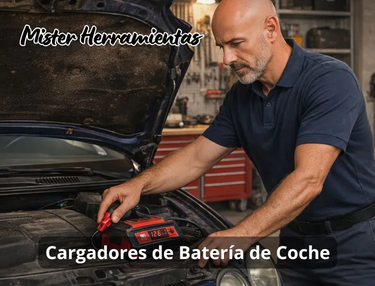 Cargadores de batería de coche conectados a un vehículo con el capó abierto durante el proceso de carga