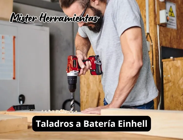 Persona utilizando un taladro a batería Einhell para taladrar madera en un taller