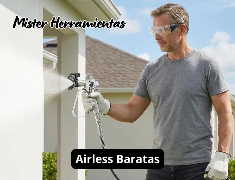 persona usando máquina airless barata pintando pared exterior blanca