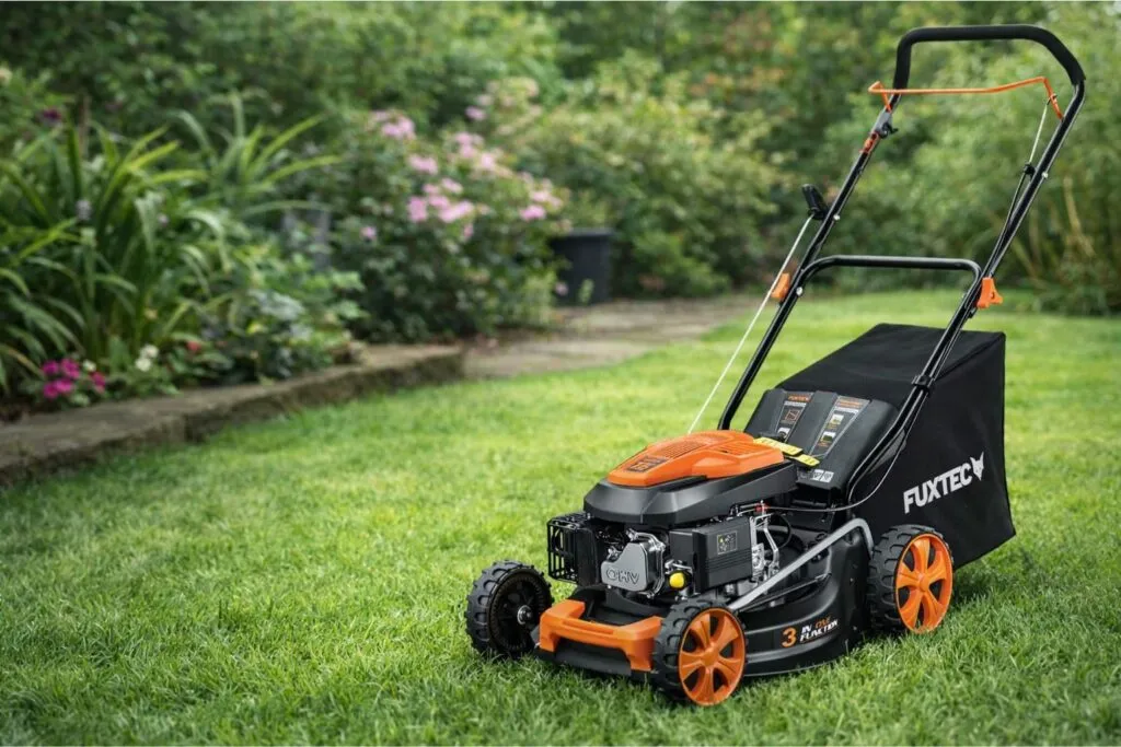 cortacésped de gasolina cortando el césped en un jardín residencial