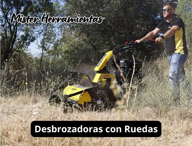 operario utilizando desbrozadora con ruedas garland en terreno con hierba alta