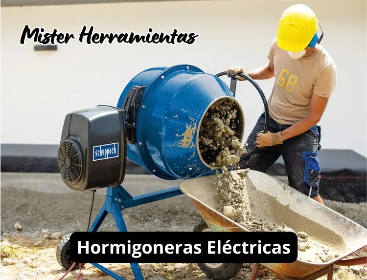 Obrero vertiendo hormigón desde una hormigonera eléctrica a una carretilla en obra