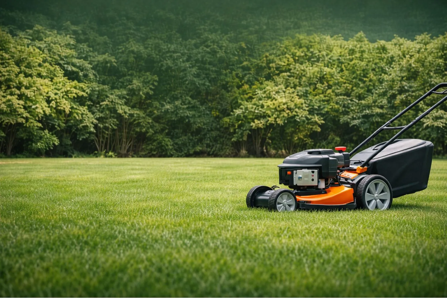 Cortacésped sobre un jardín con vegetación al fondo, utilizado en una guía para elegir qué cortacésped comprar