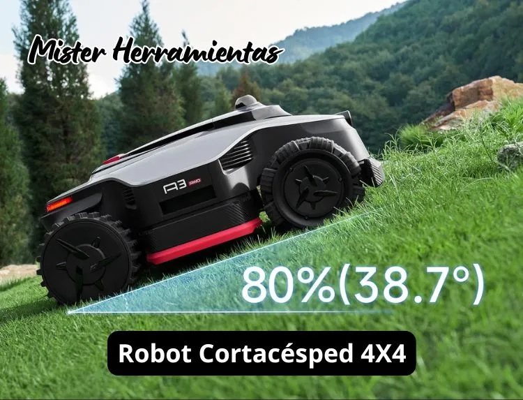 Robot cortacésped 4x4 trabajando en jardín con pendiente y terreno irregular