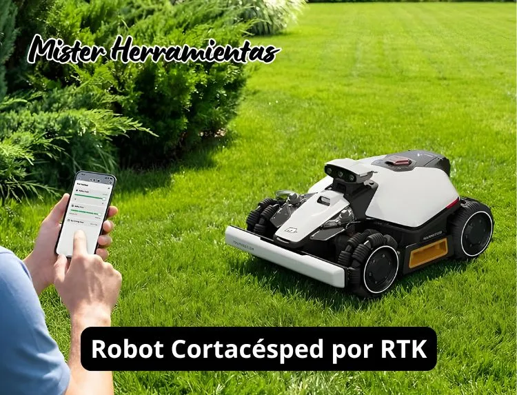 robot cortacésped RTK trabajando en jardín sin cable perimetral