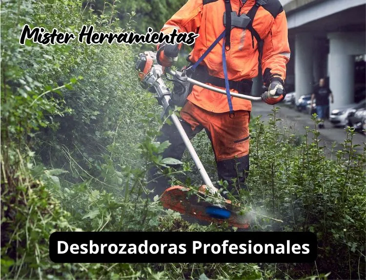 operario usando desbrozadora profesional husqvarna en maleza densa