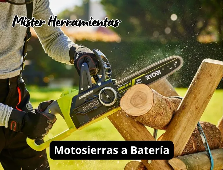 Operario utilizando una motosierra a batería Ryobi en trabajos de corte en jardín