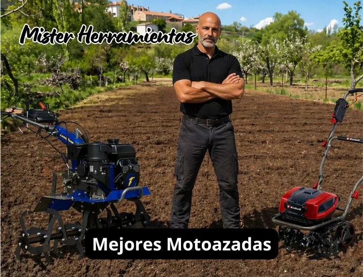 Mister Herramientas en un huerto recién labrado con motoazada Goodyear y motoazada a batería Einhell