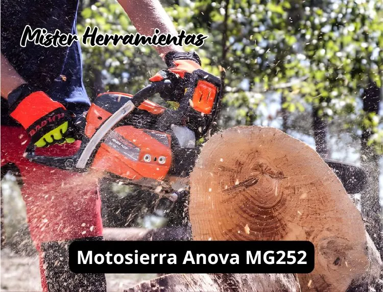 motosierra anova mg252 cortando tronco de leña en jardín