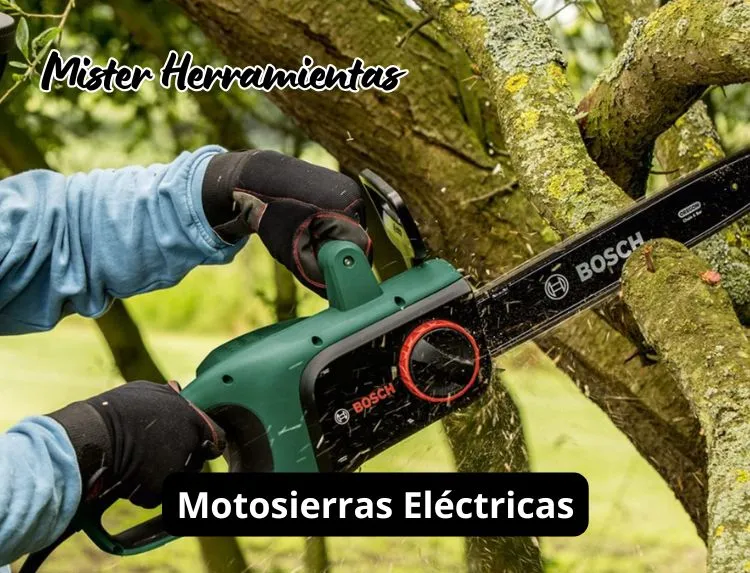 persona utilizando motosierra eléctrica bosch para cortar madera en jardín