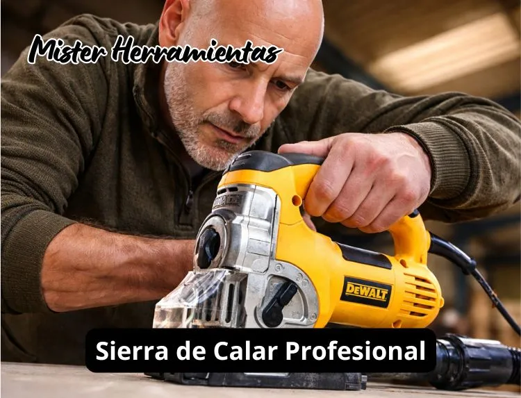 Mister Herramientas utilizando una sierra de calar profesional DeWalt en un corte de madera en taller