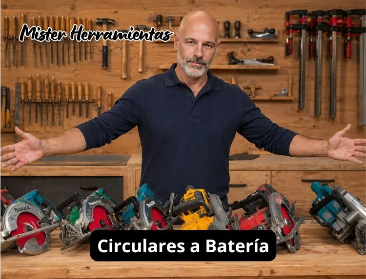 Comparativa de sierras circulares a batería sobre mesa de trabajo en taller de carpintería