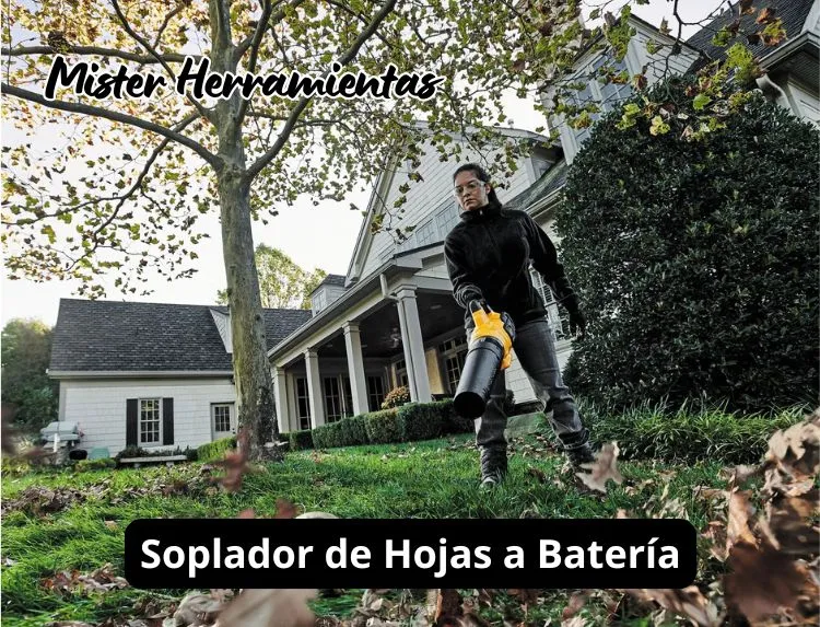 mujer usando soplador de hojas a batería dewalt en jardin