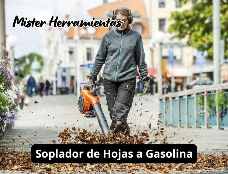 mujer utilizando soplador de hojas de gasolina husqvarna en limpieza urbana