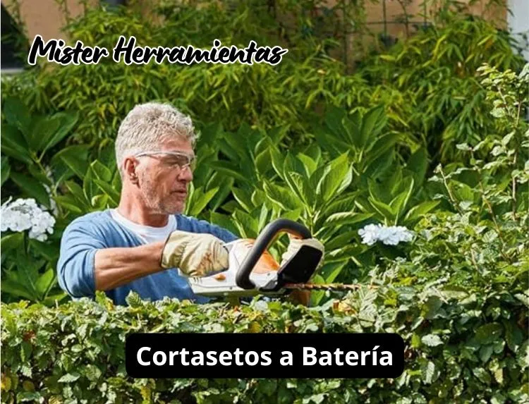 Persona utilizando un cortasetos a batería para recortar un seto en el jardín