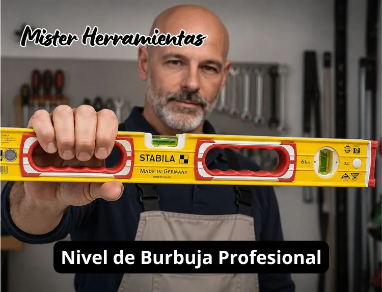 Mister Herramientas sujetando un nivel de burbuja profesional Stabila en un taller
