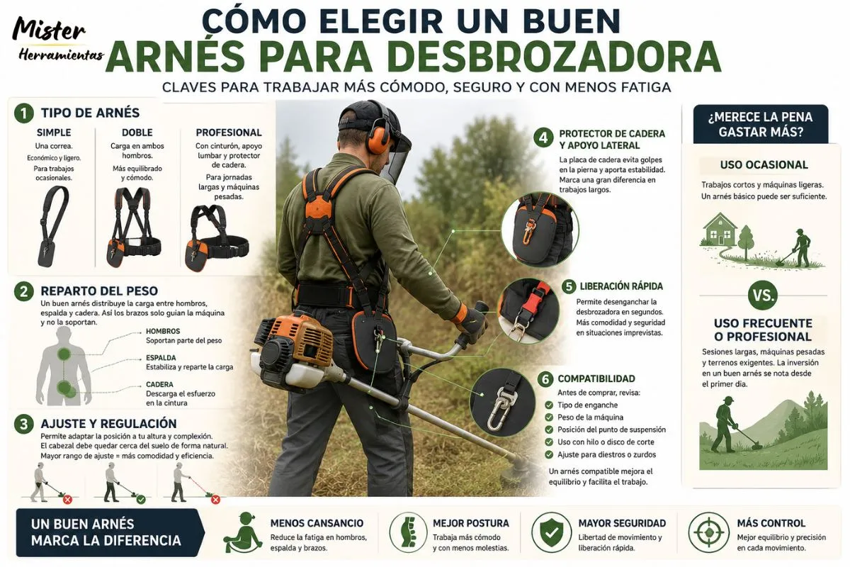 Infografía sobre cómo elegir un buen arnés para desbrozadora según el tipo de trabajo, comodidad, ajuste y distribución del peso