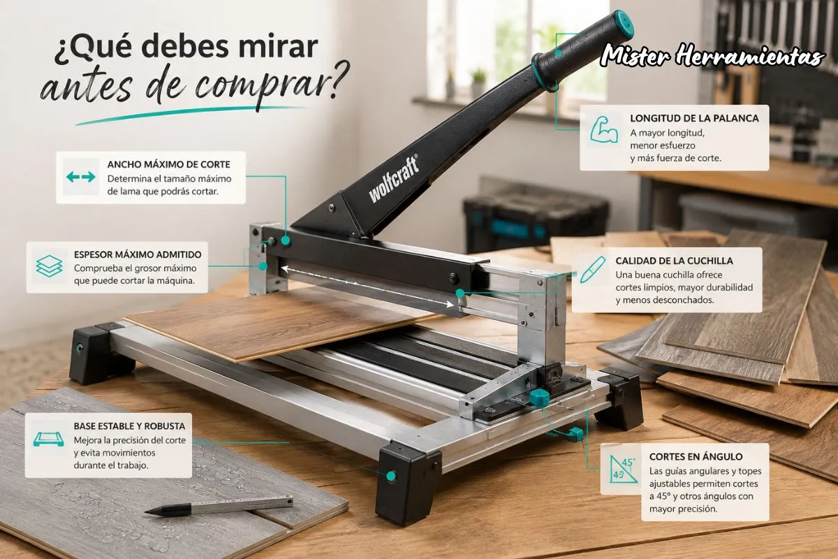 Guillotina para suelo laminado mostrando los principales aspectos a tener en cuenta antes de comprar, como ancho de corte, grosor máximo, calidad de la cuchilla y cortes en ángulo