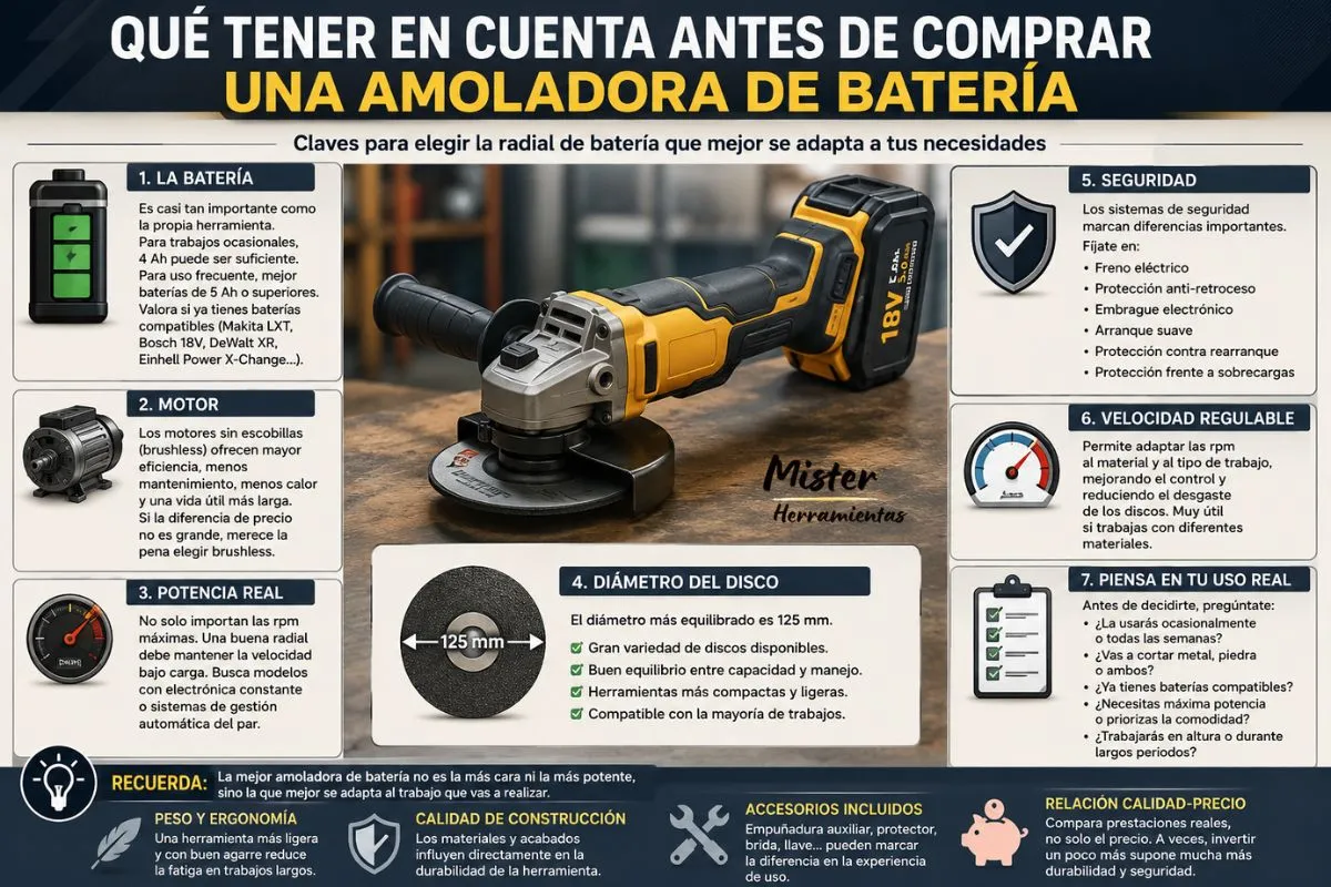 Guía visual con los aspectos clave para elegir una amoladora de batería, incluyendo batería, motor brushless, potencia, diámetro de disco de 125 mm, seguridad y velocidad regulable.