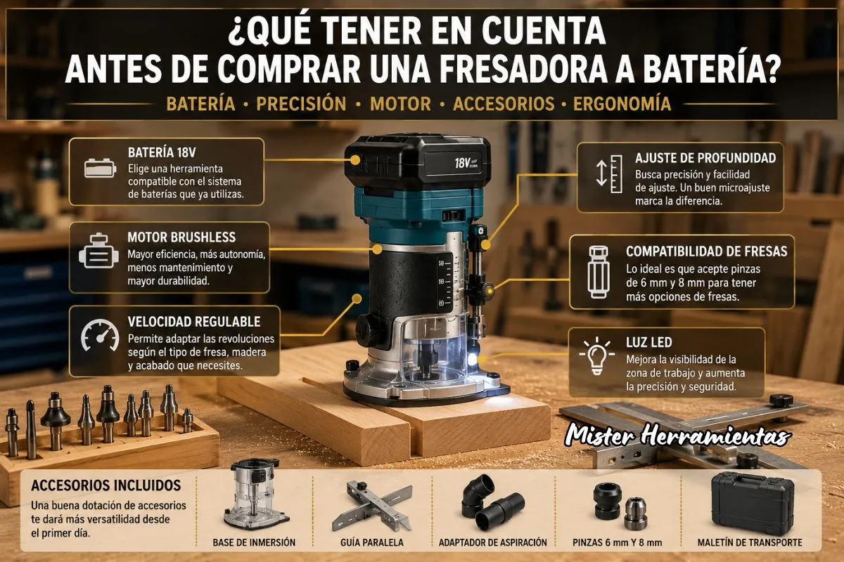 Factores clave para elegir una fresadora a batería para madera con motor brushless, velocidad regulable y ajuste de profundidad