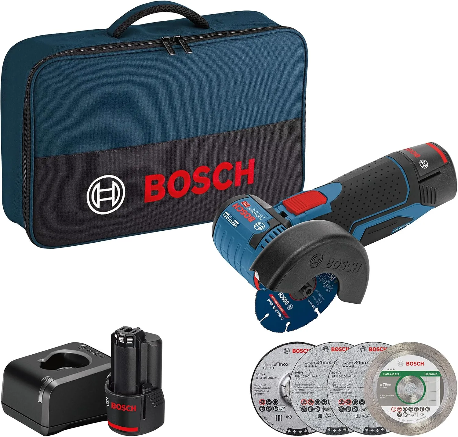 Kit Bosch GWS 12V-76 con bolsa, baterías, cargador y discos para distintos materiales