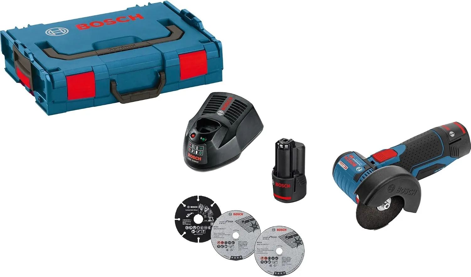 Bosch GWS 12V-76 con maletín L-BOXX, baterías, cargador y discos