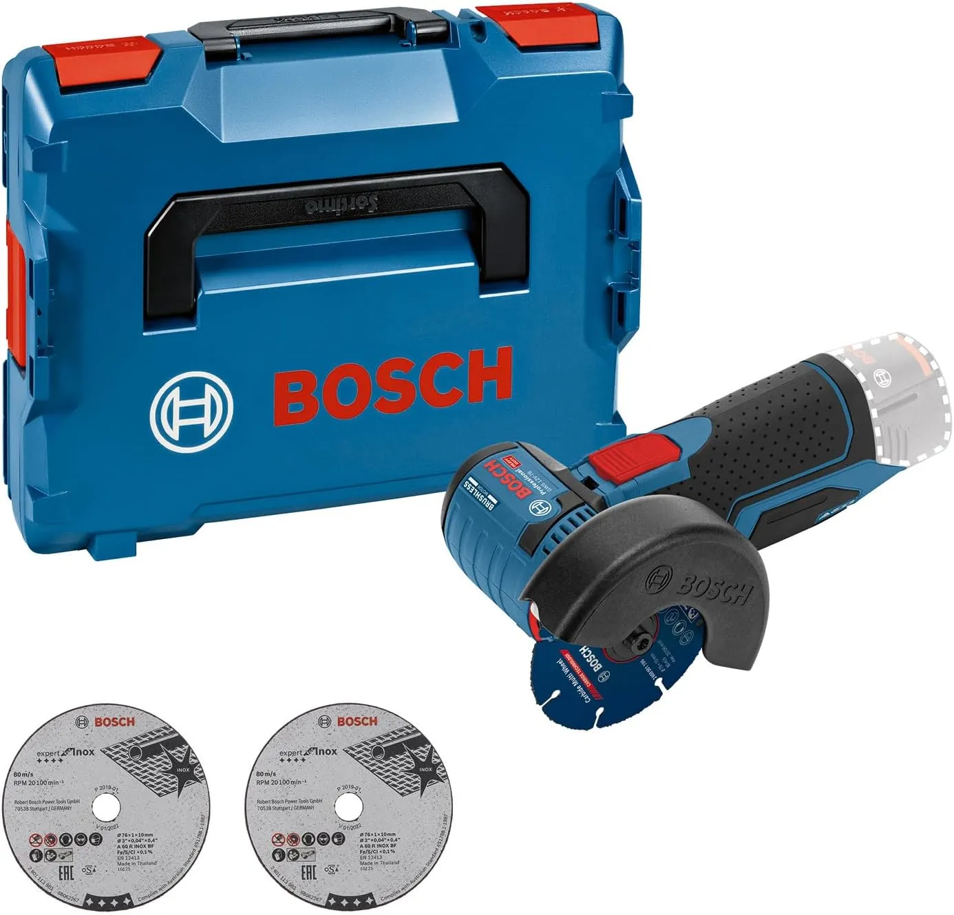 Bosch GWS 12V-76 con maletín rígido y discos, sin batería ni cargador