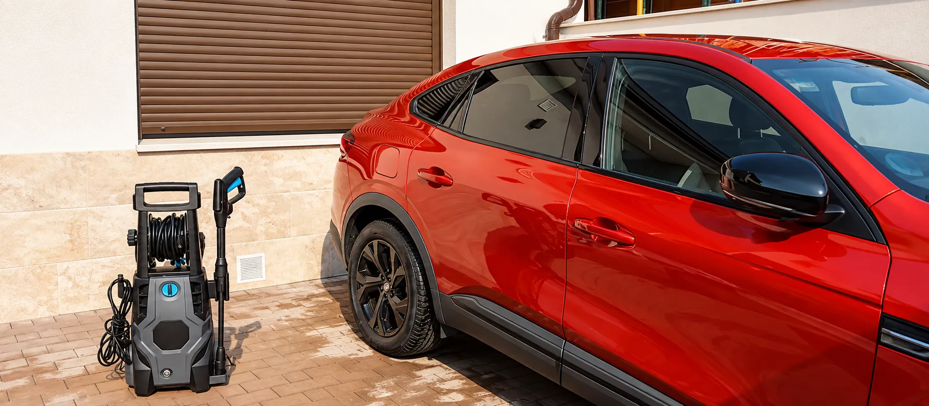 Cecotec HydroBoost 2400 AdvanceClean junto a un coche rojo en el patio