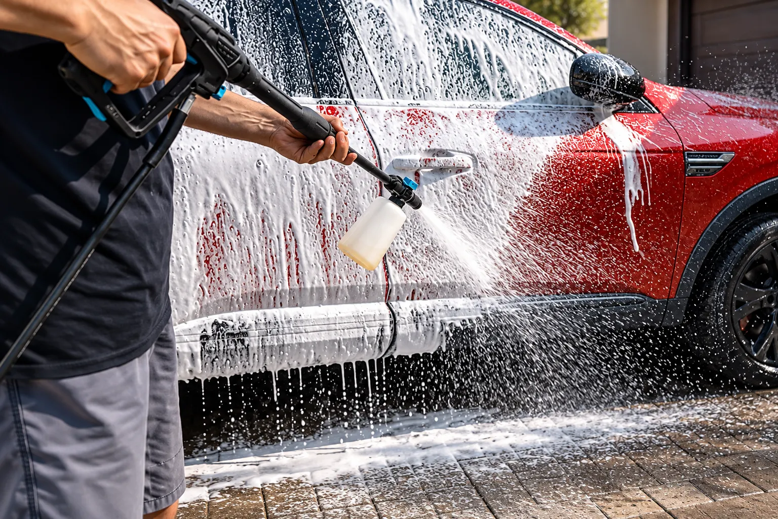 Aplicación de espuma sobre un coche con la botella de detergente de la HydroBoost 2400