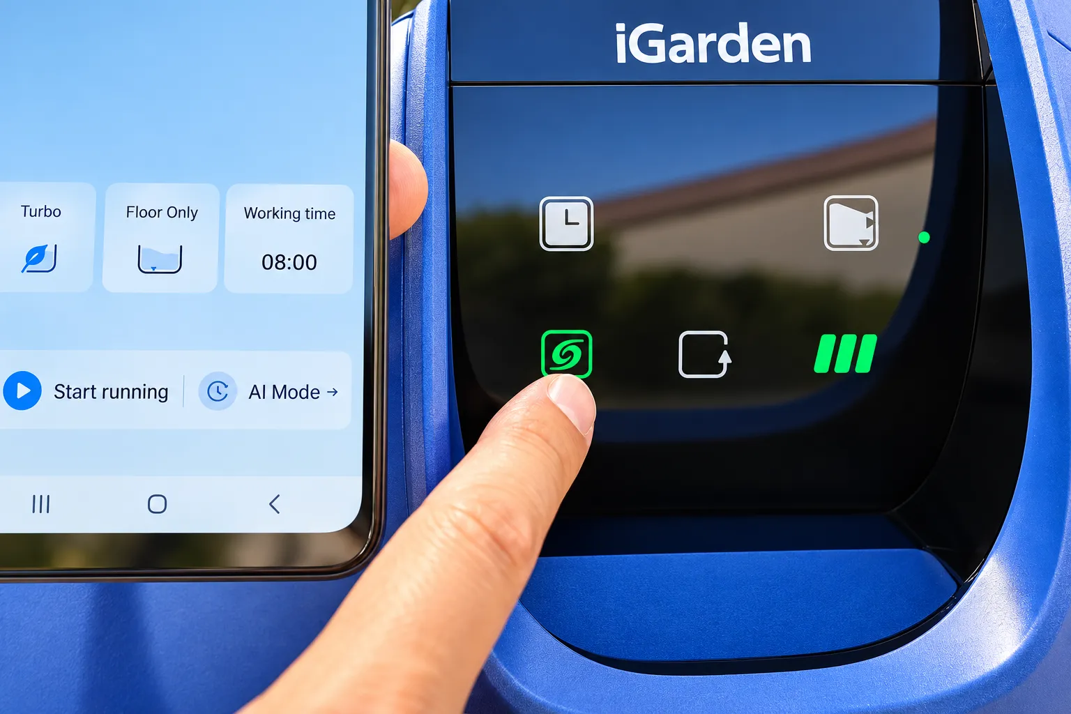 Teléfono con la aplicación iGarden junto al panel táctil del K80