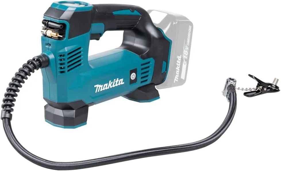 Inflador Makita DMP180Z con manguera y batería representada en gris