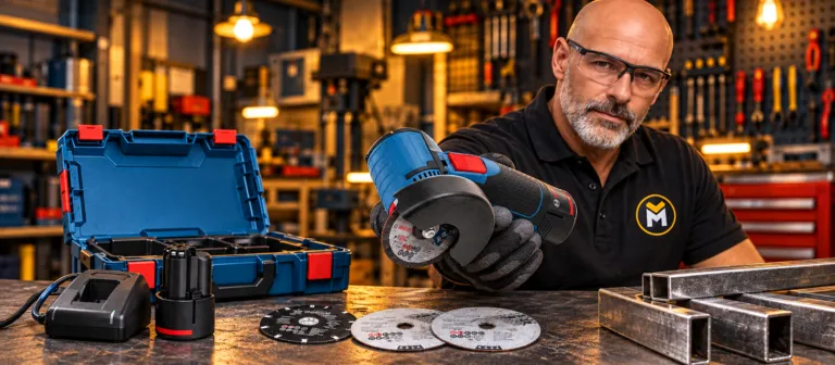 Presentación de la mini amoladora Bosch GWS 12V-76 junto a maletín, baterías y discos en un taller