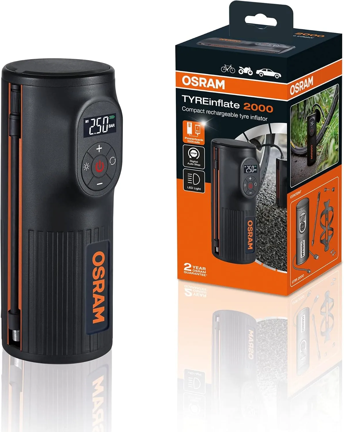 Inflador OSRAM TYREinflate 2000 junto a su caja