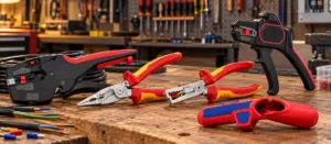 Cinco herramientas pelacables sobre un banco de madera con cables y punteras en un taller