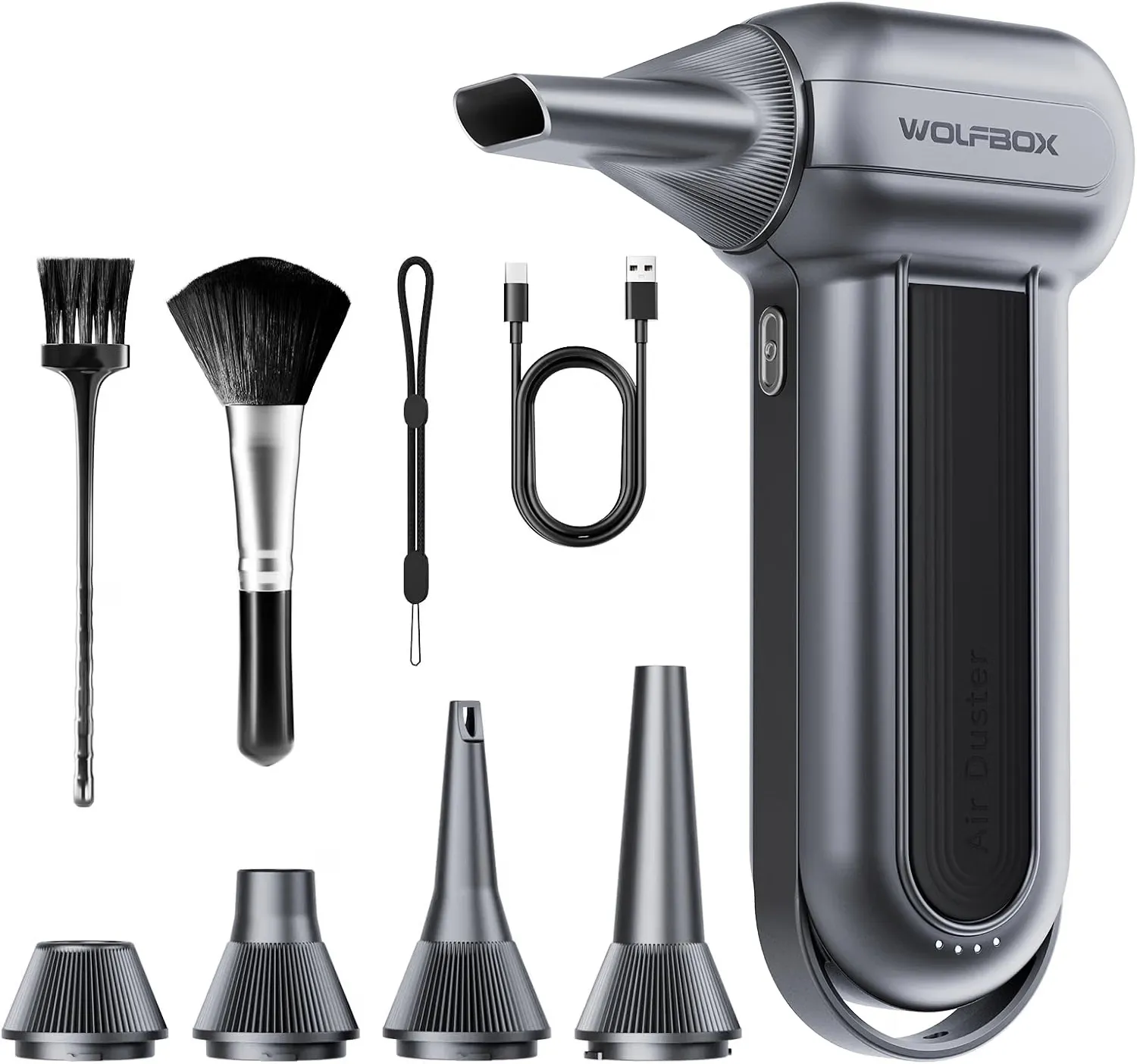 Soplador WOLFBOX MF100 gris plata con boquillas, dos cepillos, cable USB y correa de mano